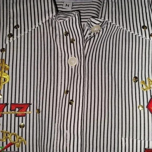 Las Olas Woman's Black Striped Gambling themed Shirt Size Medium - Picture 4 of 9